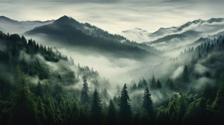 foggy forest mountain landscape with mist and summer trees at dawnの素材