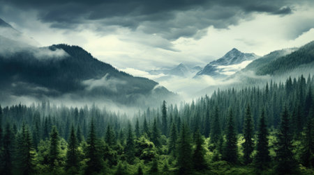 foggy forest mountain landscape with mist and summer trees at dawnの素材