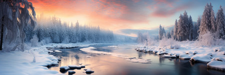 horizontal banner cover of snowy mountain range in winter with frozen river and forestの素材