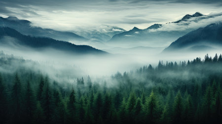 foggy forest mountain landscape with mist and summer trees at dawnの素材