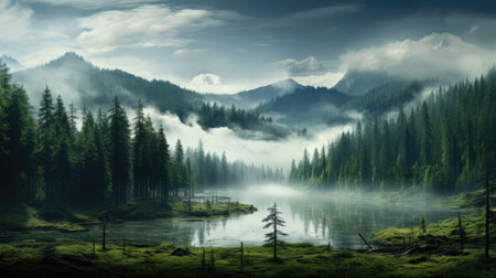Landscape of mountain river stream with green forest and fog in summerの素材