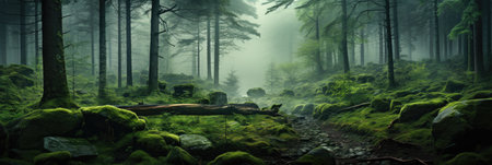 panorama banner of mountain forest landscape with fog and green trees in autumnの素材