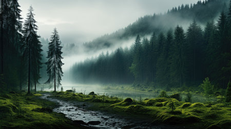 Landscape of mountain river stream with green forest and fog in summerの素材