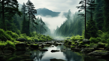 Landscape of mountain river stream with green forest and fog in summerの素材