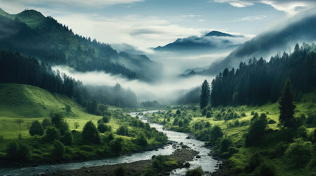 Landscape of mountain river stream with green forest and fog in summerの素材