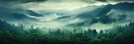 panorama banner of mountain forest landscape with fog and green trees in autumnの素材