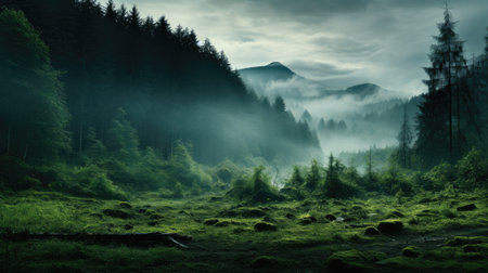 wet green forest with mist landscape in the mountains of treesの素材
