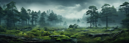 panoramic landscape banner of green mountain forest with mist and fir treesの素材