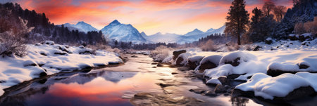 horizontal banner cover of snowy mountain range in winter with frozen river and forestの素材