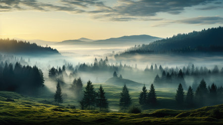 foggy forest mountain landscape with mist and summer trees at dawnの素材