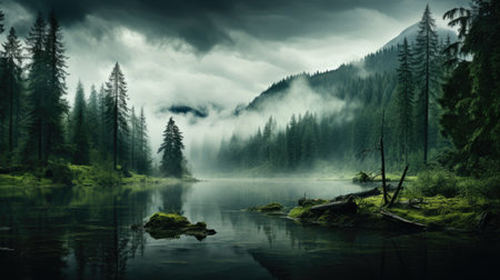 Landscape of mountain river stream with green forest and fog in summerの素材