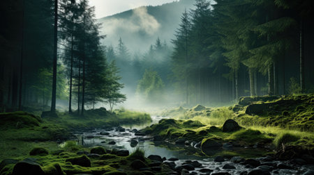 Landscape of mountain river stream with green forest and fog in summerの素材
