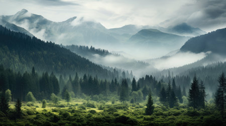 foggy forest mountain landscape with mist and summer trees at dawnの素材