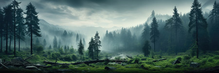 panorama banner of mountain forest landscape with fog and green trees in autumnの素材