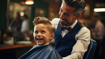 portrait of happy boy child at the haidresser salon sitting in chair with a big smileの素材