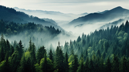 wet green forest with mist landscape in the mountains of treesの素材