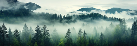 panoramic landscape banner of green mountain forest with mist and fir treesの素材