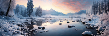 snowy mountains with river panorama cover banner in winter with snow and ice peaksの素材
