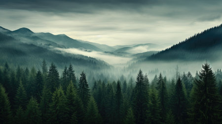 foggy forest mountain landscape with mist and summer trees at dawnの素材