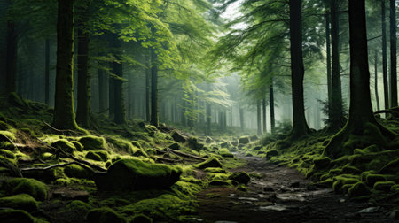 wet green forest with mist landscape in the mountains of treesの素材