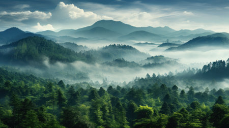 foggy forest mountain landscape with mist and summer trees at dawnの素材