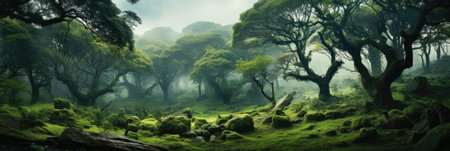 panorama banner of mountain forest landscape with fog and green trees in autumnの素材
