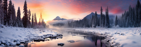 snowy mountains with river panorama cover banner in winter with snow and ice peaksの素材