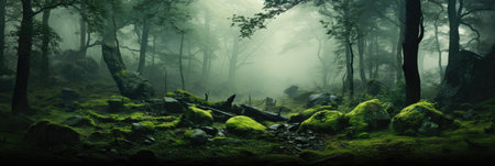 panorama banner of mountain forest landscape with fog and green trees in autumnの素材