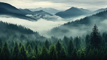 wet green forest with mist landscape in the mountains of treesの素材