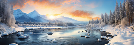 horizontal banner cover of snowy mountain range in winter with frozen river and forestの素材
