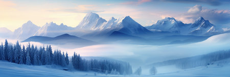 Panoramic landscape of high mountain range in winter with snowy peaks with ice and clouds from stormの素材