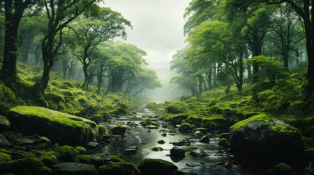 Landscape of mountain river stream with green forest and fog in summerの素材