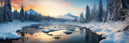 horizontal banner cover of snowy mountain range in winter with frozen river and forestの素材