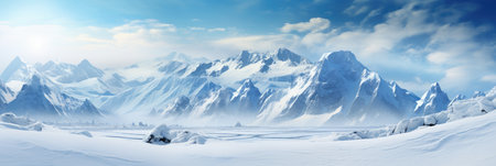 Panoramic landscape of high mountain range in winter with snowy peaks with ice and clouds from stormの素材