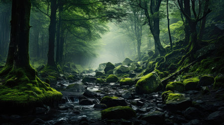 Landscape of mountain river stream with green forest and fog in summerの素材