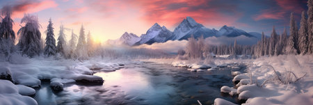 horizontal banner cover of snowy mountain range in winter with frozen river and forestの素材