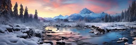 horizontal banner cover of snowy mountain range in winter with frozen river and forestの素材