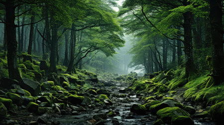 Landscape of mountain river stream with green forest and fog in summerの素材