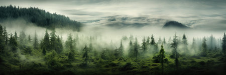 panorama banner of mountain forest landscape with fog and green trees in autumnの素材