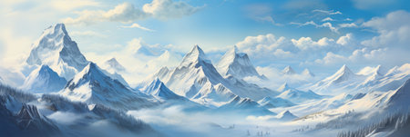 Panoramic landscape of high mountain range in winter with snowy peaks with ice and clouds from stormの素材