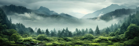 panoramic landscape banner of green mountain forest with mist and fir treesの素材