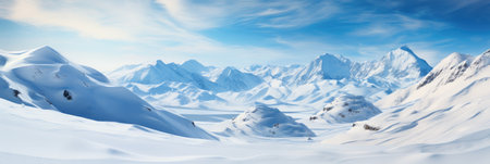 Panoramic landscape of high mountain range in winter with snowy peaks with ice and clouds from stormの素材