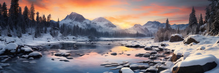 snowy mountains with river panorama cover banner in winter with snow and ice peaksの素材