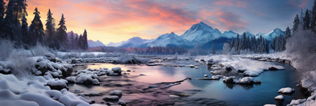 horizontal banner cover of snowy mountain range in winter with frozen river and forestの素材