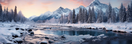 horizontal banner cover of snowy mountain range in winter with frozen river and forestの素材
