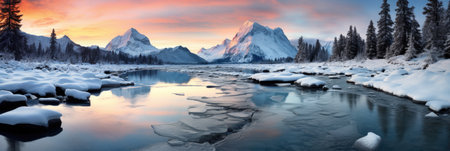 horizontal banner cover of snowy mountain range in winter with frozen river and forestの素材