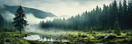 panorama banner of mountain landscape with river and green forest with fogの素材
