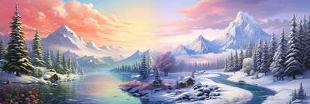 snowy mountains with river panorama cover banner in winter with snow and ice peaksの素材