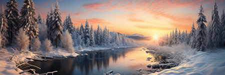 horizontal banner cover of snowy mountain range in winter with frozen river and forestの素材