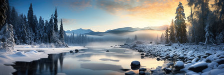 horizontal banner cover of snowy mountain range in winter with frozen river and forestの素材